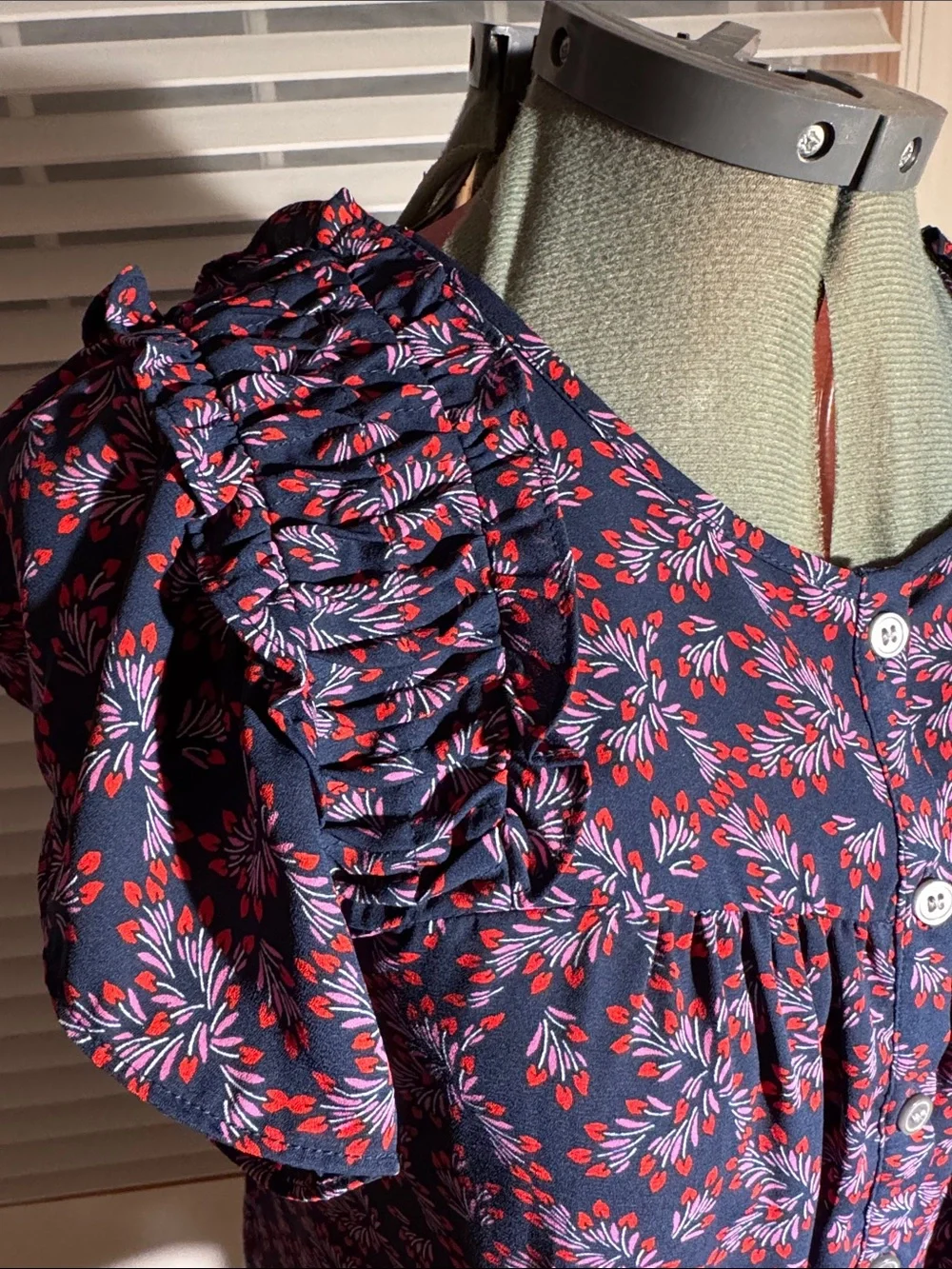LOFT Navy Blouse with Pink Floral Print and Short Puff Sleeves